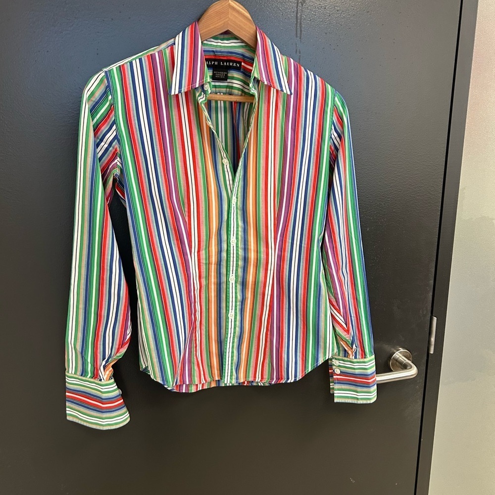 Ralph Lauren Black Label size 2 EUC Red and Green Striped Blouse - Picture 2 of 14